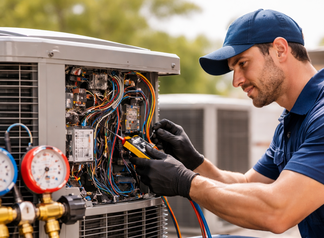 Technician repairing a residential air conditioner