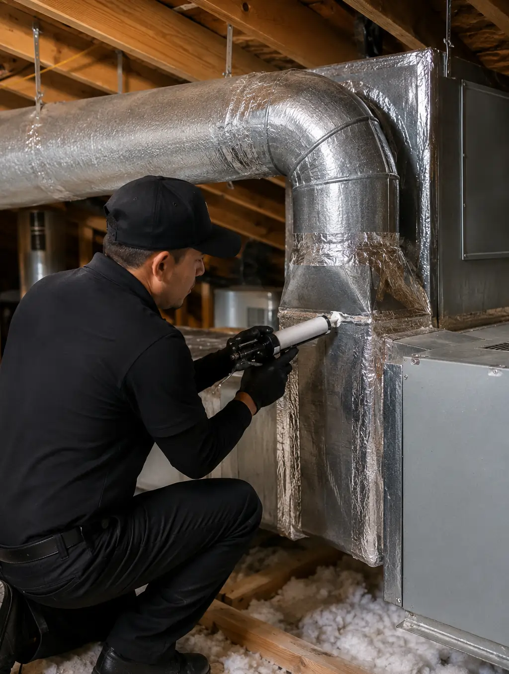 Expert repairing damaged HVAC ductwork for better airflow