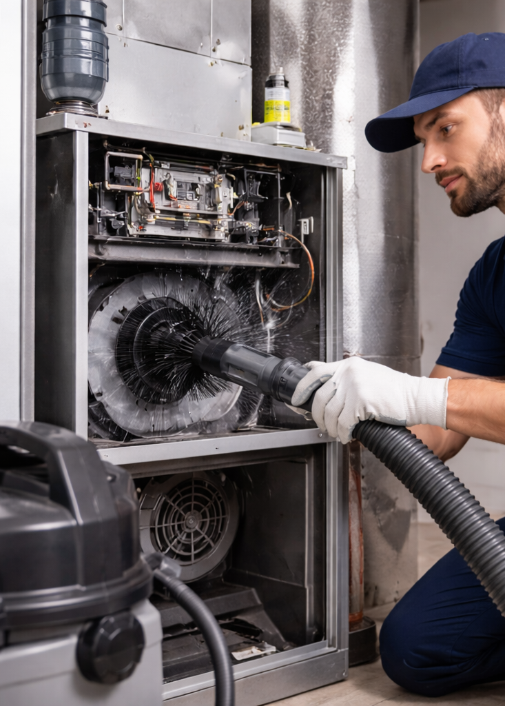 Technician cleaning a residential furnace