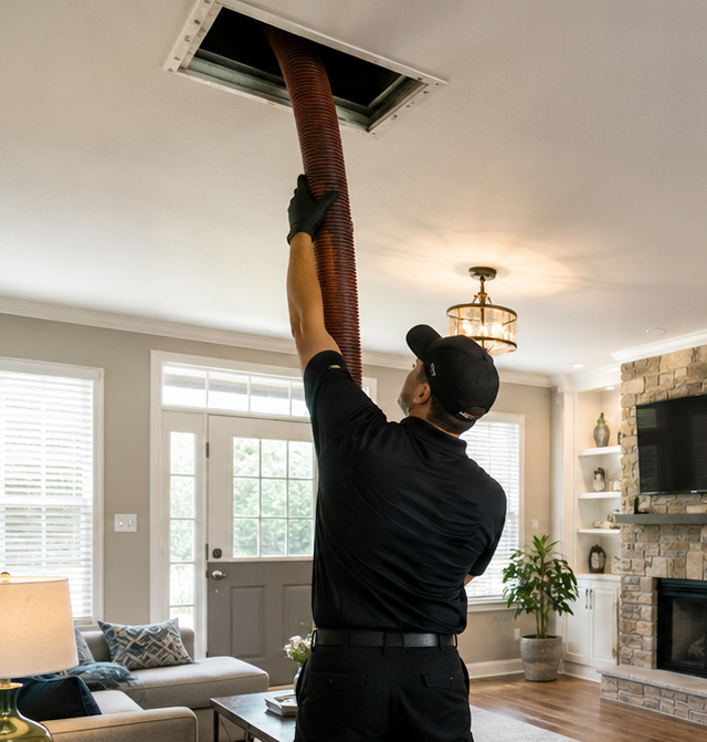 Technician cleaning residential air ducts